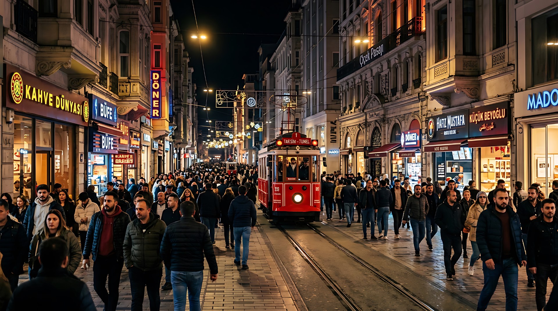Crowds on Istiklal Avenue in Istanbul at night with a red historic tram